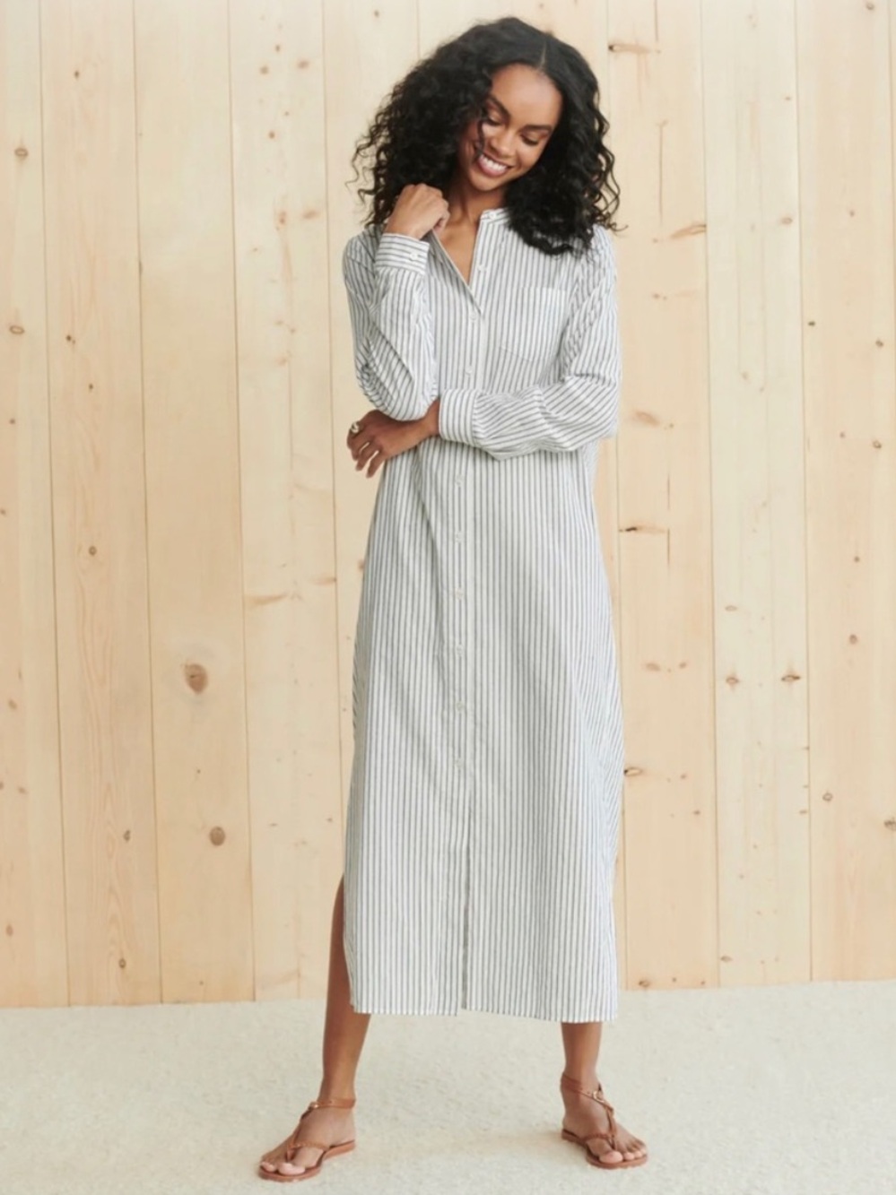 Jenni Kayne Capri Kaftan Shirt Dress Grey Navy Stripes XS Coastal Contemporary